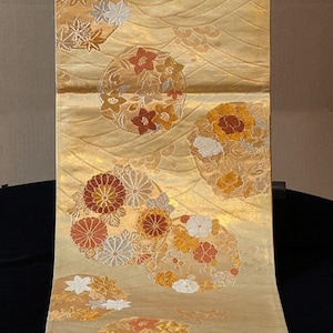 Wall Art - Japanese Silk Woven Fukuro Kimono Obi Vintage - Traditional Japanese Theme of Urushi Balls and Woven Flowers - Room Decor