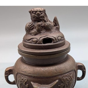 Incense Burner Japanese Vintage Bronze  - Mythical Foo Dog Lion Lid - Bird Theme Around the Sides - Elephant Handles - Free Shipping