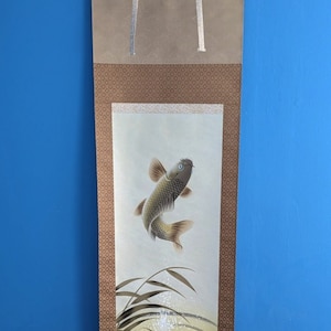 Vintage Japanese Scroll - Scroll Painting - Wall Hanging Scroll - Carp Swimming - Signed by the Artist - Hand Painted - Wall Decor