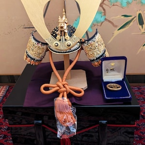 Japanese Samurai Helmet Kabuto - Dragon Motif Original Wooden Large Lacquer Box Made by Shugetsu Dolls Artist Name Masamine Emblem Included