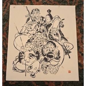 Vintage Japanese Art - Shikishi Board - Sumi-e -Ink on Shikishi -  Shichifukujin - Seven Lucky Gods in Japanese Mythology and Folklore 1980s