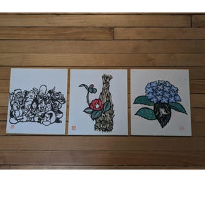 Set of 3 Vintage Japanese Art - Shikishi Board - Sumi-e -Ink on Shikishi -  Themes are Seven Lucky Gods, Frog on Flower, Flower on Hay Stack