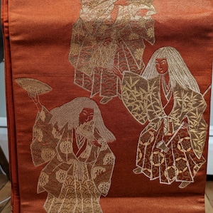 Vintage Silk Obi - Japanese Silk Embroidered Fukuro Kimono Obi - Japanese Dancer Pattern - Gold and Orange Pattern -  Woven Silk Thread