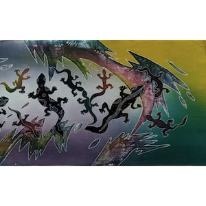 Batik Vintage Indonesian Handmade Hand Painted -  Colorful Lizards with Abstract Background Wall Hanging - Room Decor - College Room Decor