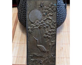 Antiker japanischer Kagami - Bronze Antiker Handspiegel - Größerer tragbarer Spiegel Meiji oder Taishō Periode 1868-1926 signiert - Sonnenstrahlen mit Kranich