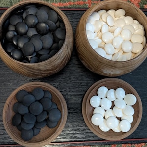 Japanese Go Stones Bowl Set - Vintage Japanese Go Game - Chestnut Bowls - 182 Black and 181  White Stones -  Stone and Shell Beads Go-Ischi