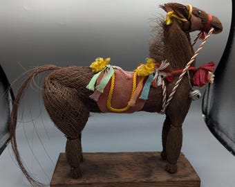 Woven Plant Fiber Horse Sculpture: 1970s Japanese Folk Art Decor