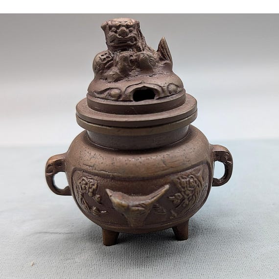 Vintage Rare Censer Lion Bird flower Brass height 9.5cm 古い香炉