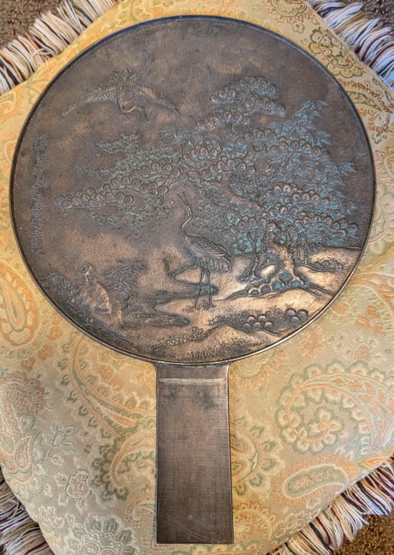 Japanese Antique Kagami - Bronze Antique Hand Mirror - Flying Cranes Turtle, Pine Trees, Pond Theme Meiji or Taishō Period 1868-1926 Signed