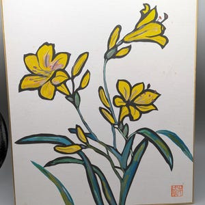 Vintage Japanese Art - Shikishi Water Color - Theme Yellow Trumpet Flowers -  Water Colors on a Shikishi Board - 9.5 x 10.75 Inches