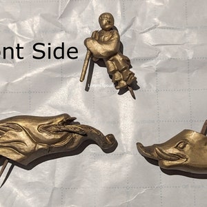Hand Carved Wooden Japanese Temple Part Parts - 3 Items Boar, Elephant and Monk Includes Original Wooden Pins From Old Temple Vintage