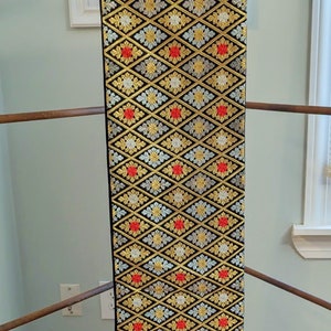 Japanese Silk Obi - Obi Table Runner - Obi Wall Art Embroidered Kimono Obi - Stylized Flowers Theme  - Woven Silk Thread Black Red and Gold