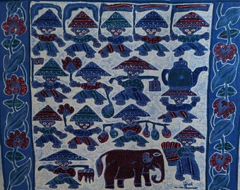 Batik da parete - Batik indonesiano vintage fatto a mano degli anni '90 - Pannello con persone del villaggio ed elefante da appendere alla parete o incorniciato