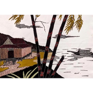 Batik Cotton Wall Hanging - 1990s Vintage Indonesian Handmade and Painted - Batik Scene Village Near Water with Fishing Boat Smaller Batik