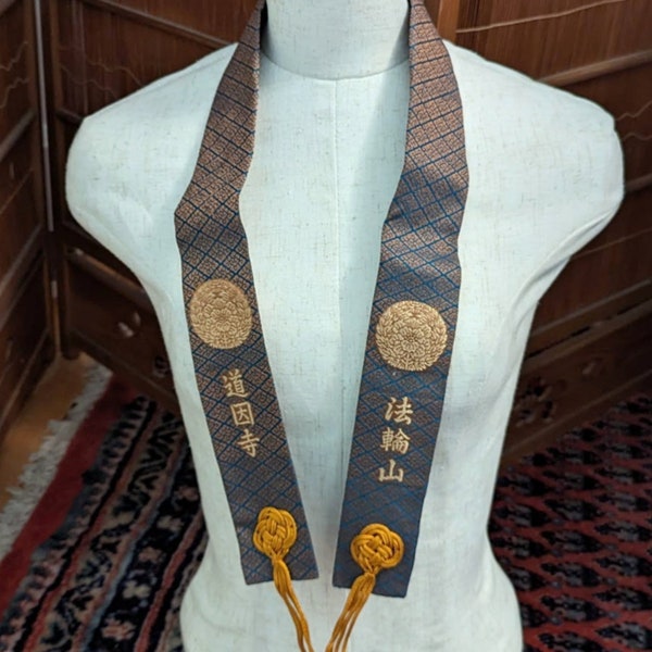Wagesa vintage japonais en soie - Motif Kinran - Brocart tissé - Accessoire moine bouddhiste japonais - Bleu et or