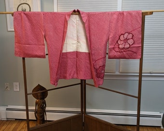 Japanese Silk Haori with Shibori, Red Floral Design, Handmade from Japan One Size Fits All - Silk Flower Motif Lining