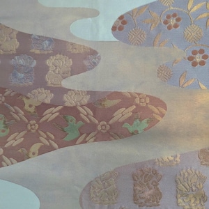 Vintage Japanese Silk - Rabbits Birds and Flowers Theme - Fukuro Kimono Obi -  Wall Hanging - Wall Decor Silk Obi - Table Runner - 100% Silk