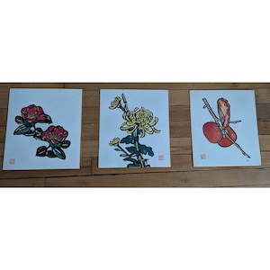 Set of 3 Vintage Japanese Art - Shikishi Board - Sumi-e -Ink on Shikishi - Flower Theme