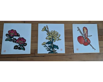 ヴィンテージ日本アート 3 枚セット - 色紙ボード - 墨絵 - 色紙の