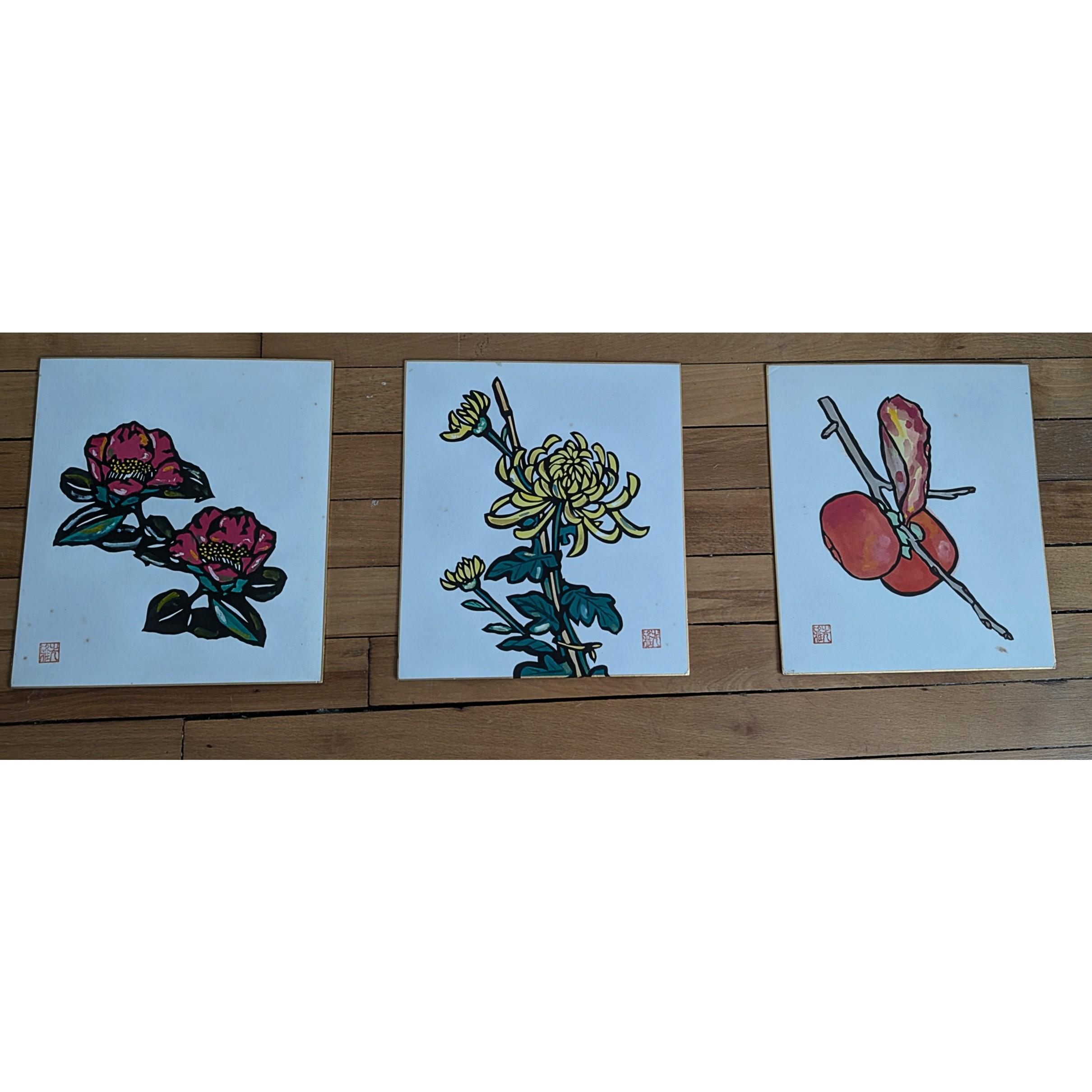 金箔使用の和風色紙 3枚セット　とても古い和歌の色紙 ヴィンテージ日本アート 3 枚セット - 色紙ボード - 墨絵 - 色紙の