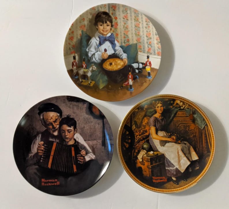 3 Collector Plates. Norman Rockwell Dreaming in the Attic and Music Maker Both by Knowles and Little Jack Horner by Reco Free Shipping
