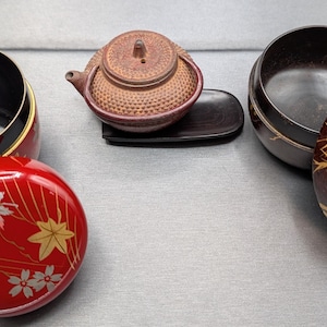 Japanese Tea Ceremony Set - Vintage Set 12 Pieces Including Matcha Accessories Original Wooden Box, 3 Types of Tea Bowls, 2 Lacquer Natsume