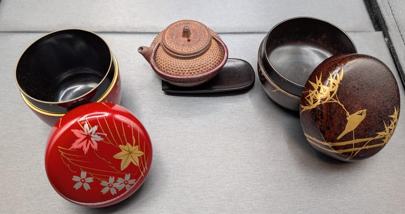 Japanese Tea Ceremony Set - Vintage Set 12 Pieces Including Matcha Accessories Original Wooden Box, 3 Types of Tea Bowls, 2 Lacquer Natsume