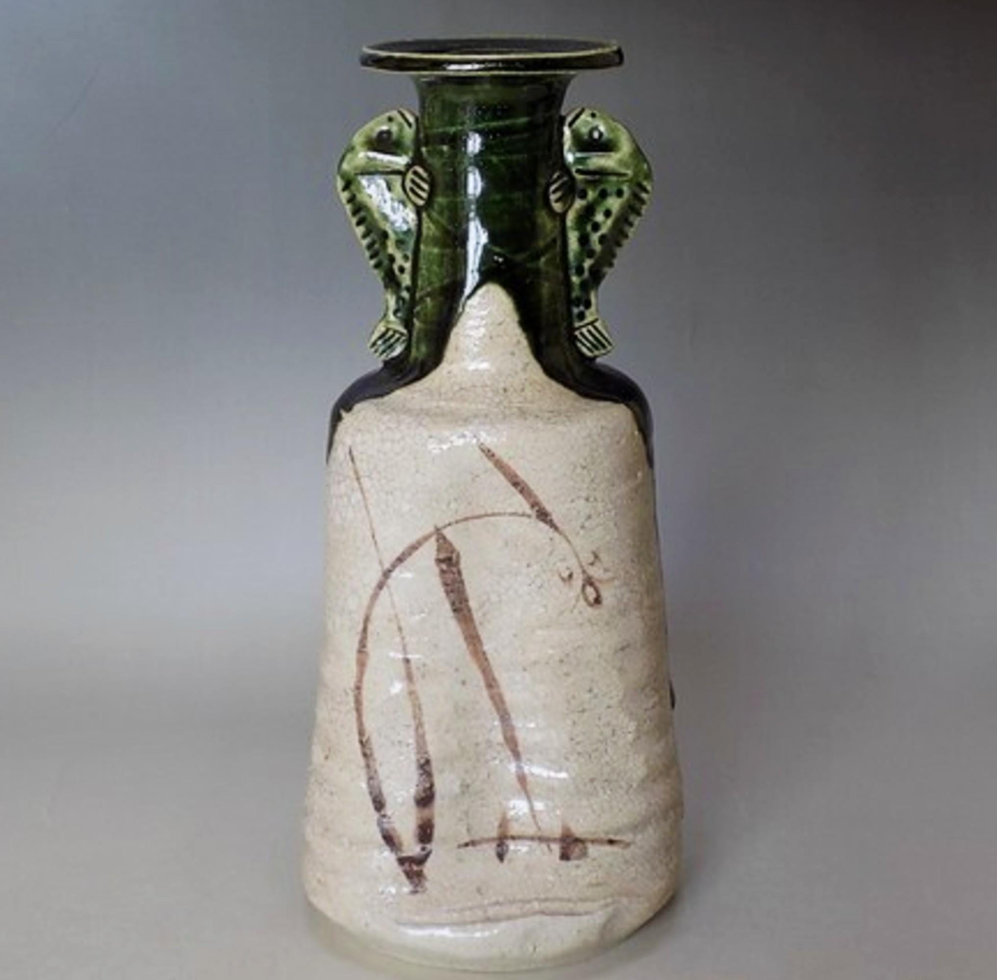 日本のヴィンテージ花瓶 - 織部魚柄花瓶 - オリジナルの木箱と書類