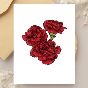 Cartão de felicitações em branco com flores de cravo vermelho