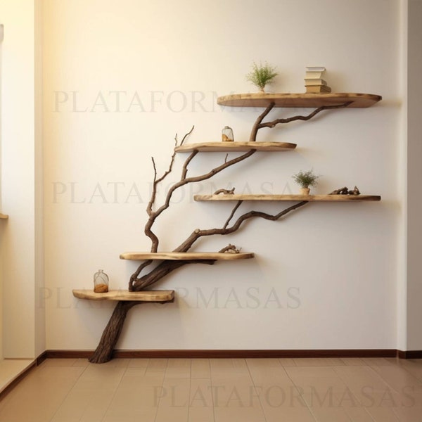 Tree branch floating corner shelf solid wood wall mount bookcase live edge shelving home art