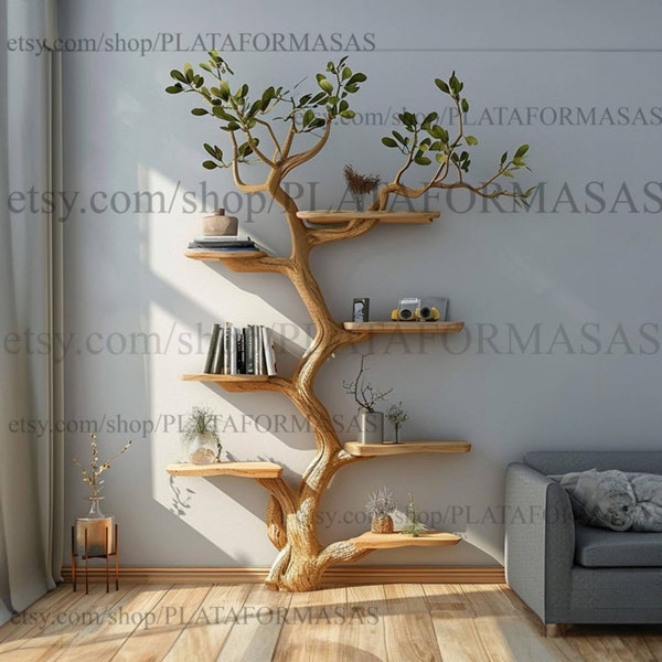 Tree branch floating corner shelf mid century bookcase wall mounted book shelf home decor