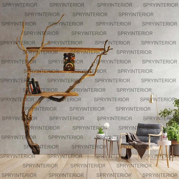 Tree branch floating shelves wall mount bookshelf solid wood low bookcase unique wall art