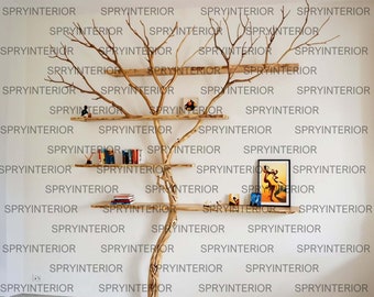 Scaffale per libri ad angolo galleggiante con ramo di un albero, scaffali sospesi con bordo vivo, libreria in legno, libreria galleggiante a 5 livelli