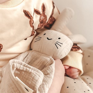 Organic Cotton Bunny Comforter | Baby Soother Muslin Cloth | Lovey Security Blanket | Gift For Baby Taupe Bunny