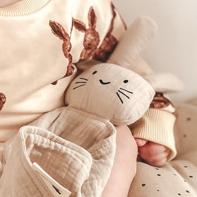 Organic Cotton Bunny Comforter | Baby Soother Muslin Cloth | Lovey Security Blanket | Gift For Baby Taupe Bunny