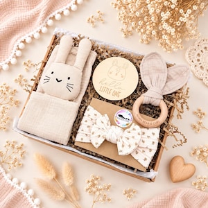 Baby Girl Gift Box, Pink Newborn Hamper with Bunny Comforter Taupe Bunny Set