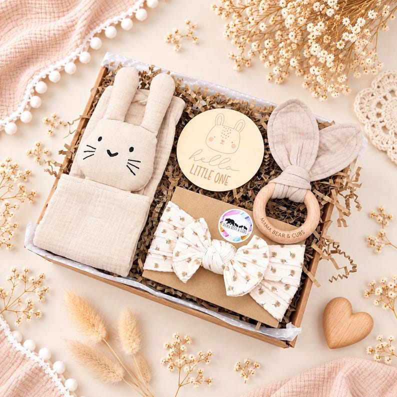 Baby Girl Gift Box, Pink Newborn Hamper with Bunny Comforter Taupe Bunny Set