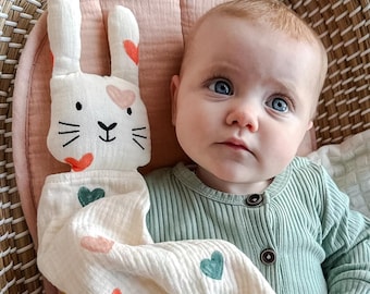 Edredón de conejito de algodón orgánico / Muselina para chupete de bebé / Manta de seguridad adorable / Regalo para bebé