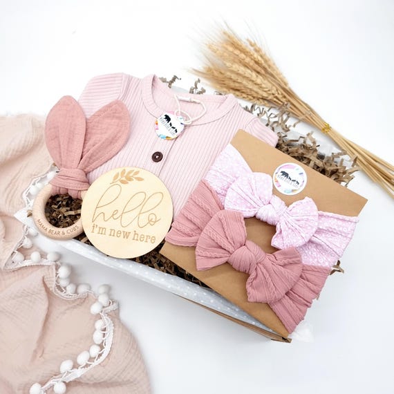 Baby Girl Gift Set, New Baby Gift Box, Pink Romper, Hair Bows & Keepsake