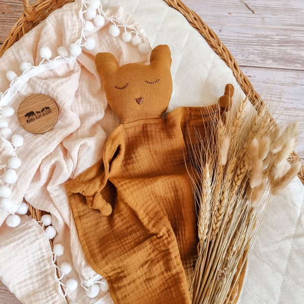 Baby Schmusetuch aus Bio Baumwolle | Teddy Bär Tröster | Musselin Lovie Schmusetuch für Baby | Baby Geschenk Personalisierte Tröster