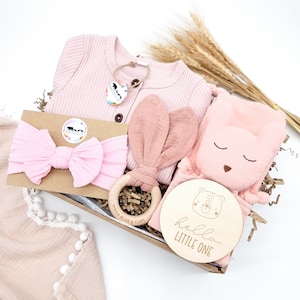 May include: A pink baby gift set with a knitted onesie, a pink bunny rattle, a wooden teething ring, a pink bow headband, a pink plush toy, and a wooden sign that says "hello little one".