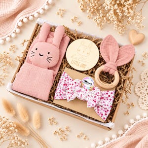 Baby Girl Gift Box, Pink Newborn Hamper with Bunny Comforter Rose Bunny Set