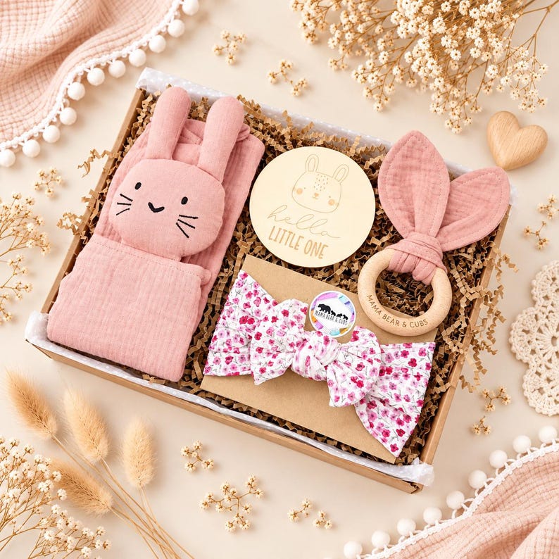 Baby Girl Gift Box, Pink Newborn Hamper with Bunny Comforter Rose Bunny Set