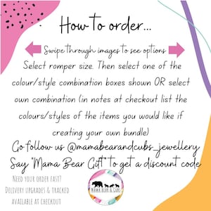 Puede incluir: Imagen con instrucciones de pedido. El texto incluye "Desliza las im&aacute;genes para ver las opciones", "Selecciona la talla del pelele" y "Di 'Mama Bear Gift' para obtener un c&oacute;digo de descuento". La imagen presenta un logotipo con osos.