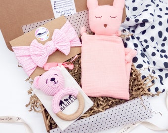 Cadeau voor babymeisje | Gepersonaliseerde babyshowercadeau | Zwangerschapscadeau | Babymand voor pasgeborenen | Babybeer cadeauset | Babymousseline dekbed