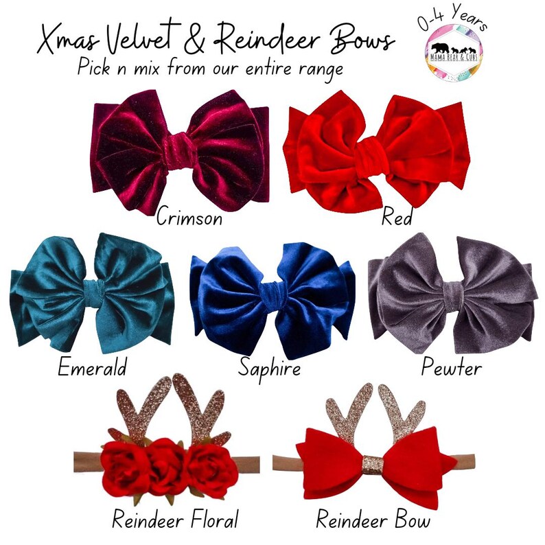 May include: A collection of seven hair accessories labeled Xmas Velvet & Reindeer Bows 0-4 years. Includes velvet bows in crimson, red, emerald, sapphire, and pewter, plus two reindeer-themed headbands with floral or bow accents and glittery antlers.
