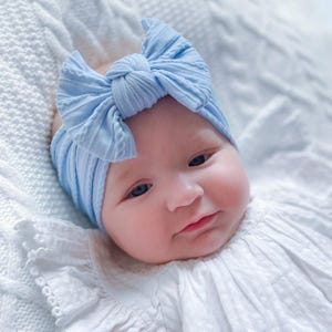 Baby Girl Bow Headband | Baby Blue Hair Bow | Pastel Blue Baby Bow | Soft Nylon Knotted Bow Newborn-Toddler | Baby Girl Gift | Baby Shower
