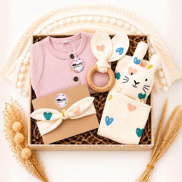 Set de regalo para bebé niña / Cesta para recién nacida / Pijama para bebé niña / Regalo para baby shower / Manta de conejito