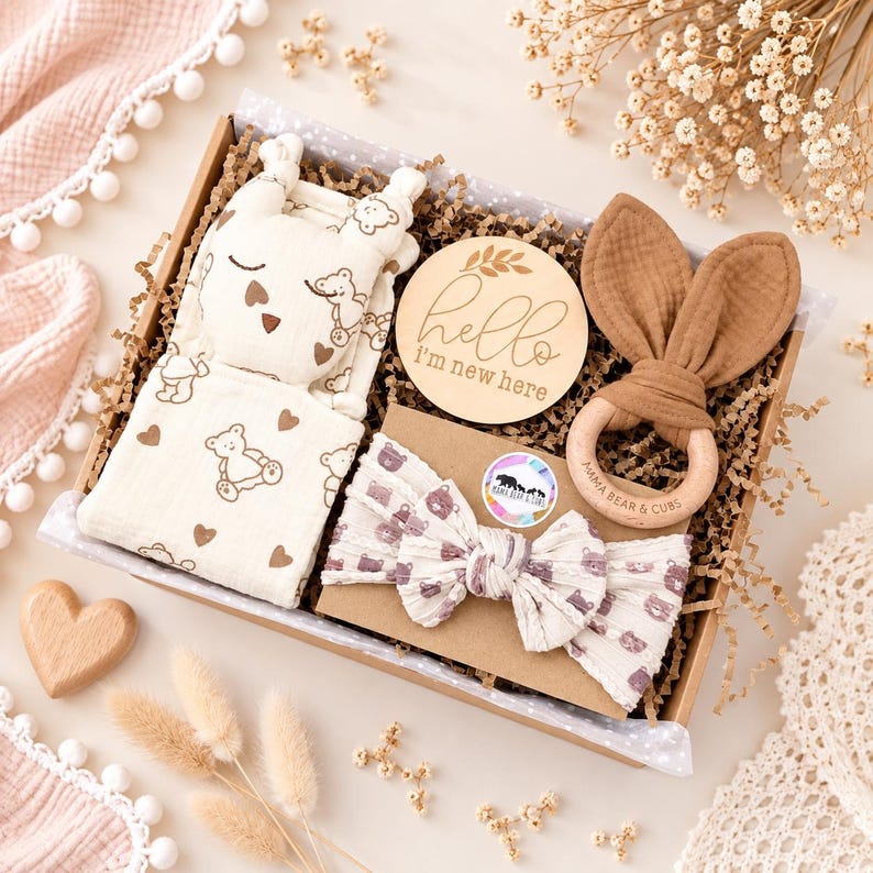 Baby Girl Gift Box, Pink Newborn Hamper with Bunny Comforter Pattern Bear Set