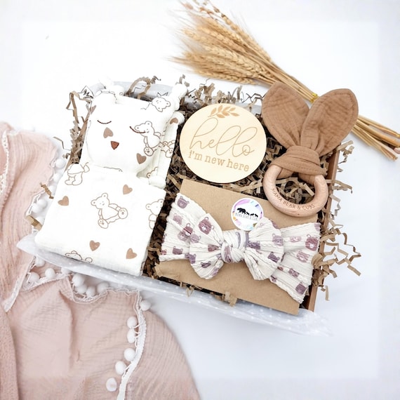 Baby Girl Gift Set | New Baby Girl Headband Bow | Baby Gift Hamper | Baby Comforter Blanket | Baby Shower Gift | Baby Bear Gift For Baby